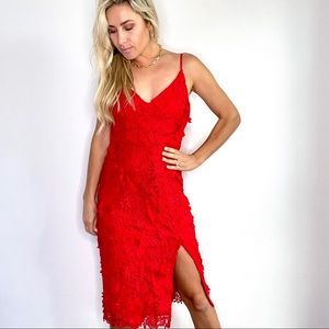 Lulu’s Red Embroidered Lace Below the Knee Dress
